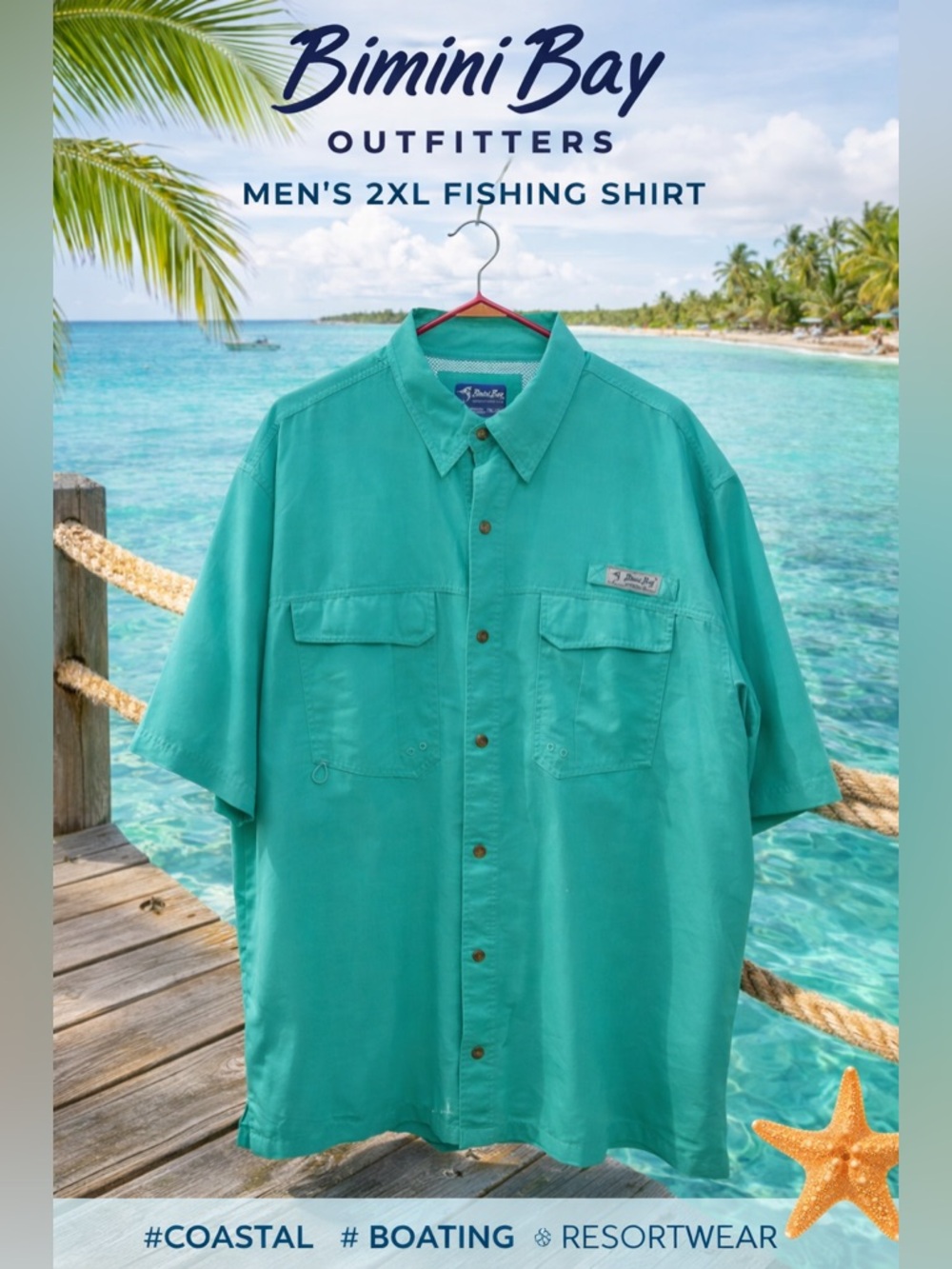 Bimini Bay Outfitters Men’s Fishing Shirt 2XL Teal Short Sleeve Vented